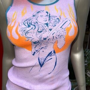 ⚡️Vibrant Barbarella Distressed Graffiti Tank Top fire and flames L